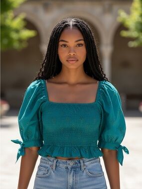 ZARA Teal Puff-Sleeve Smocked Crop Top - Women size small